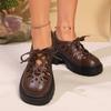 Platform Cut-Out High Heel Lace-Up Small Leather Shoes Women's Round Toe Shallow Mouth Platform Block Heel Loafers