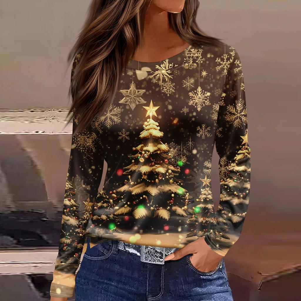 Женская мода повседневный топ с разрезом по низу и рождественским принтом с круглым вырезом и длинными рукавами