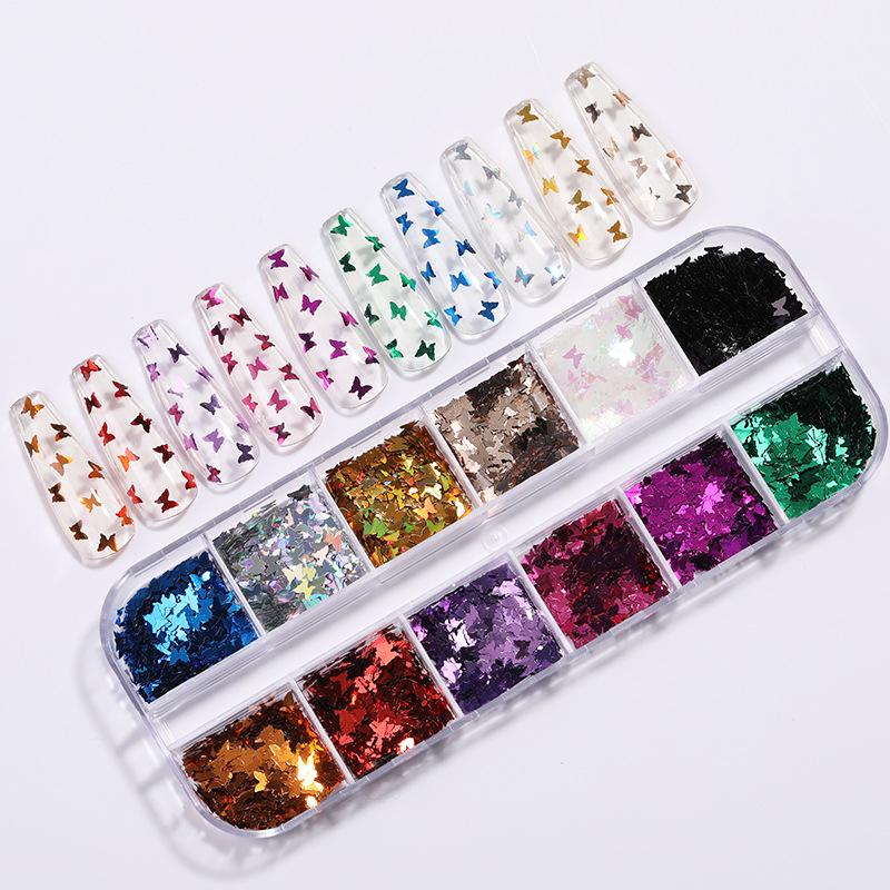 12-цветный флуоресцентный лазерный патч для ногтей, блестящий патч для ногтей с бабочкой в форме кленового листа