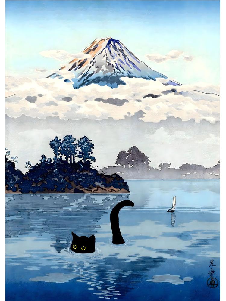 Винтажный Юмор Черный кот в лесном озере Холст Картина Забавный котенок Настенный художественный принт постер для гостиной украшения дома