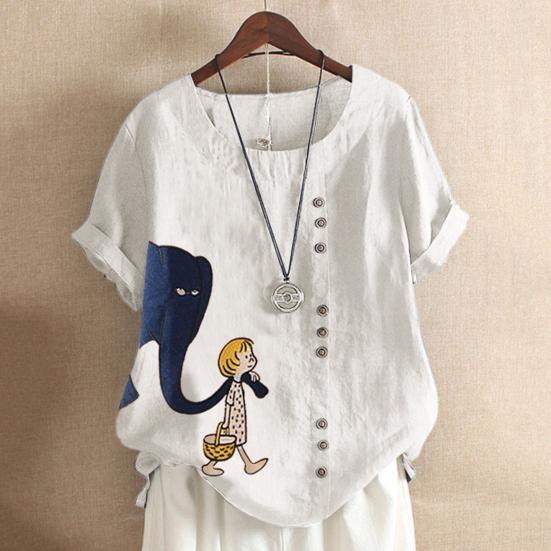 Женская футболка с принтом слона и мультяшной девушкой с короткими рукавами, дышащая, с круглым вырезом