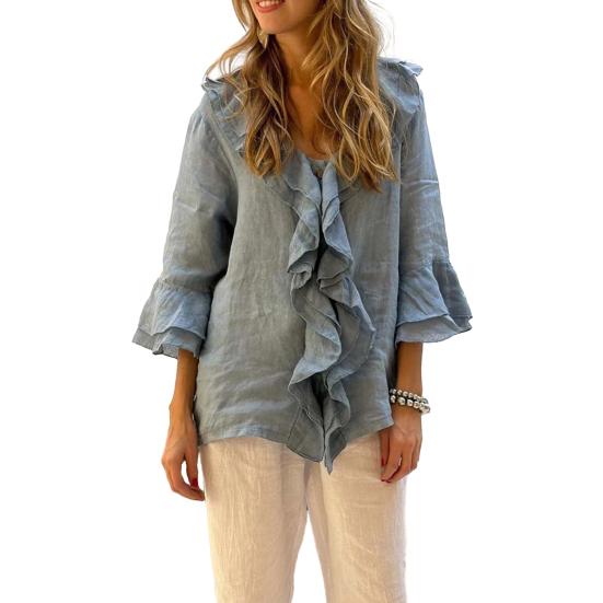 Women Shirt V-Neck 45355 Flying Sleeve Ruffle Stitching Design Solid Color Pullover Tops Loose Fit Casual