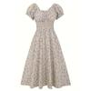 2026 Floral Print A-Line Dress With V-Neck Puff Sleeve Waist Smocking Elegant Womens Long