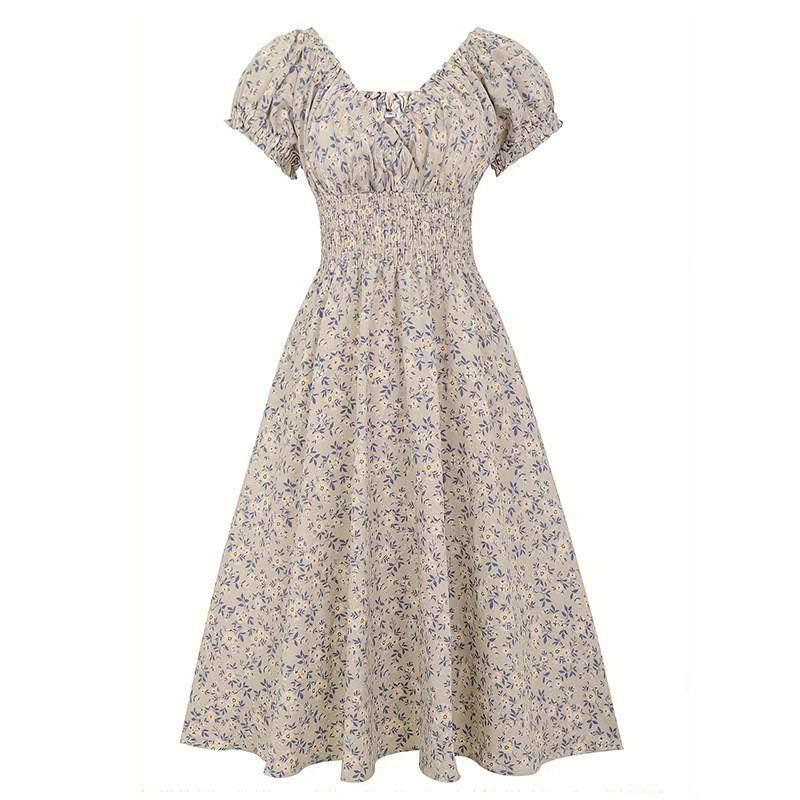 2026 Floral Print A-Line Dress With V-Neck Puff Sleeve Waist Smocking Elegant Womens Long