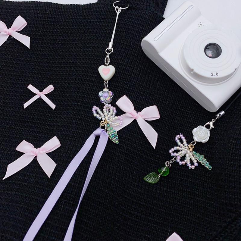 Handmade Floral Charm Lanyard Fashionable Beaded Floral Phone Chain with Unique Handmade Charm Keychain Charm Accessory