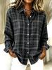 Women's Lapel Long Sleeve Green Plaid Print Button-Up Shirt
