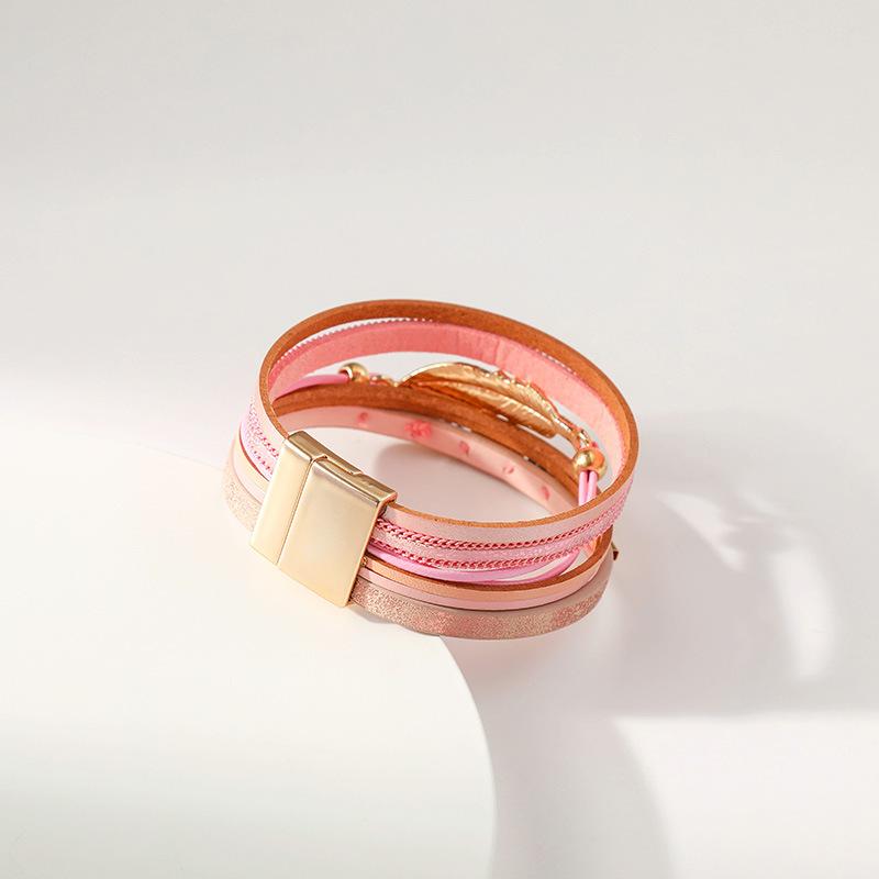 Многослойный браслет из искусственной кожи в богемном стиле, женский, с магнитной застежкой-листом, аксессуары для украшений