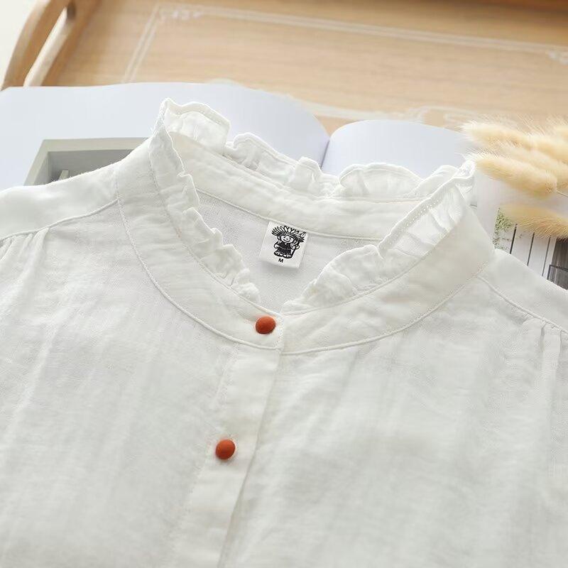 Manufacturer, pure cotton double-layer cotton yarn, fungus lace, color buckle, long-sleeved white shirt, spring new women's shirt