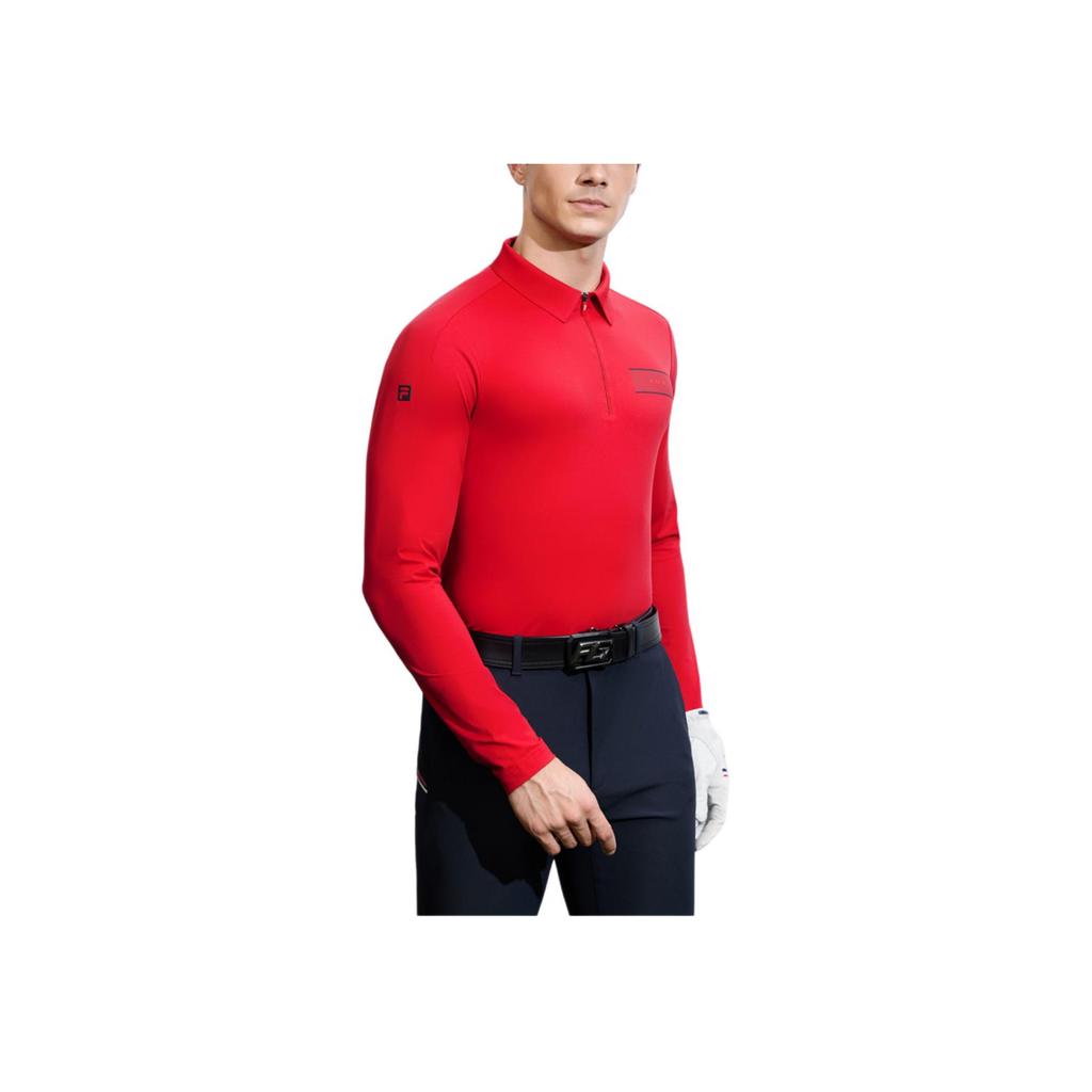 Fila Golf Series Solid Color Elite Long Sleeve Polo Shirt Men Tops Fluorescent-Flame-Red A11M415203F-RD