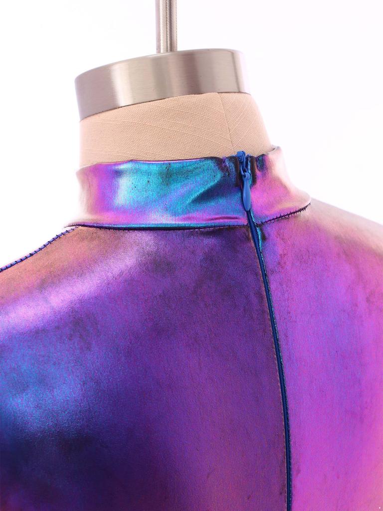 Костюм инопланетянки Пэчворк Металлический блеск Воротник-стойка Длинный рукав Задняя скрытая молния Встроенные шорты Платье