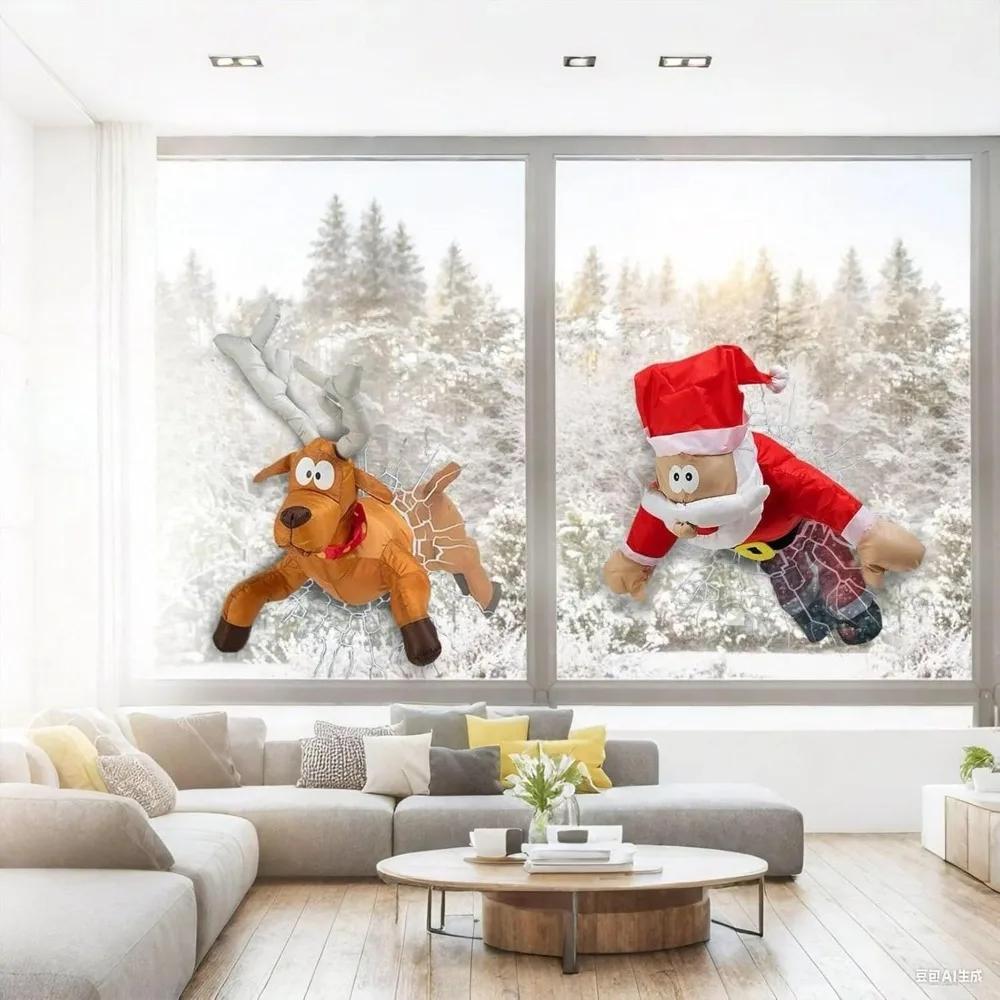 In-Stock 3D Crashing Santa Elk Animated Christmas Decoration, Funny Party Window Decoration Ornament With Glass Shard Sticker