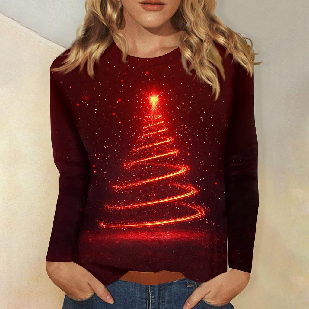 Женская мода повседневный рождественский принт круглый вырез длинный рукав пуловер топ