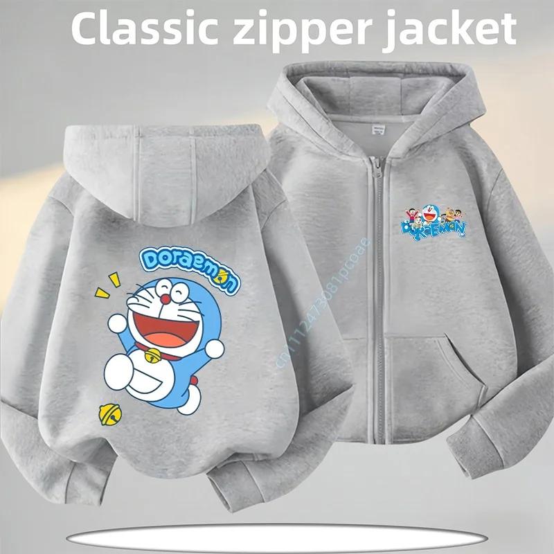 2026 New Doraemon Cartoon Print Children's Zippered Hooded Sweatshirt for Boys, Girls, Casual Top, Autumn-Winter Coat