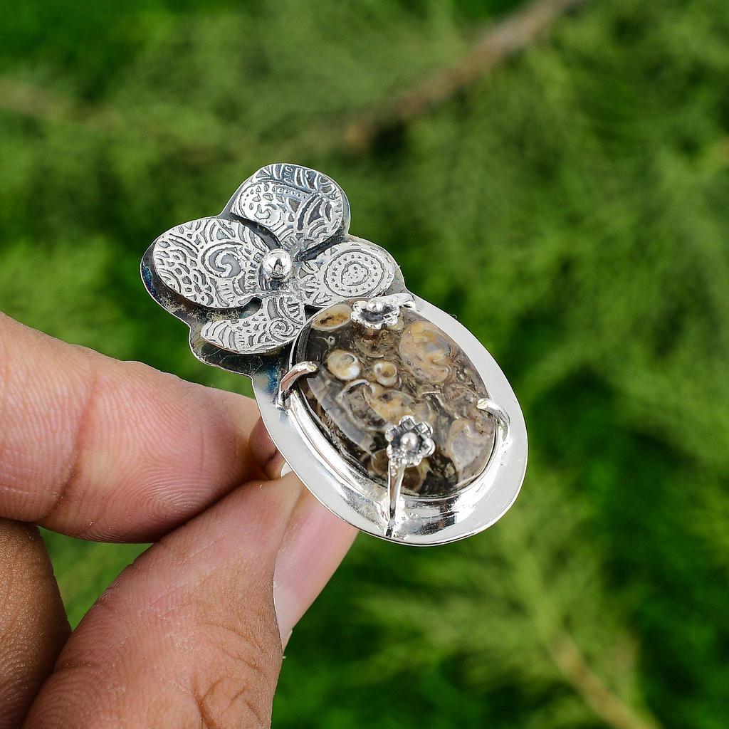 Natural Turritella Agate 925 Silver Multi Stone Flower Adjustable Ring For Girls