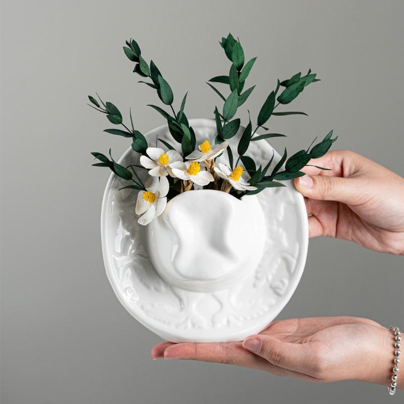 Ceramic Vase Handmade Bottle With Hat Hanging Modern Tabletop Decor for Floral Arrangement Studio