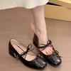 Silver Bow Mary Jane Single Shoes Women's New Spring Thick Heel Temperament Versatile Skirt Small Leather Shoes
