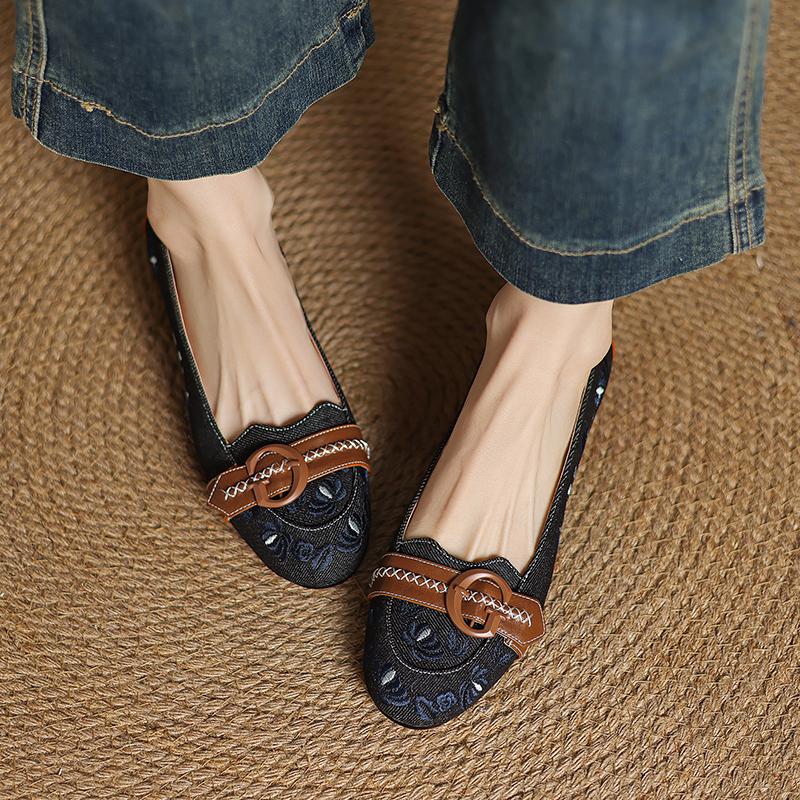 Мода 2025 Новая Женская Обувь Модные Весенние Туфли-Лодочки Круглый Носок Слипоны Повседневная Женская Обувь Квадратный Каблук Низкий Каблук Джинсовые Туфли-Лодочки Мелкие