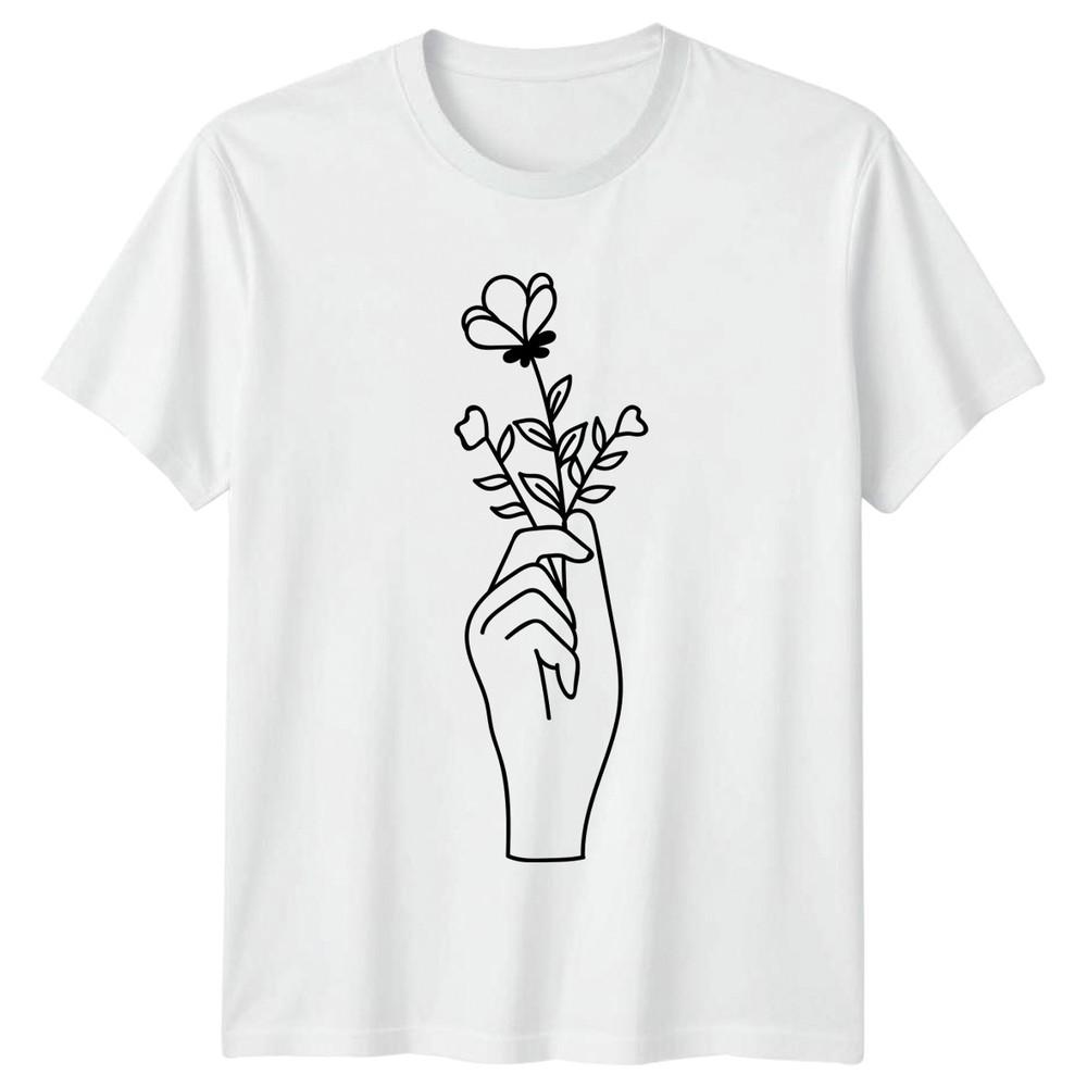 Graceful Hand Holding Flowers Unisexs TShirt Line Art Floral Birthday Gift