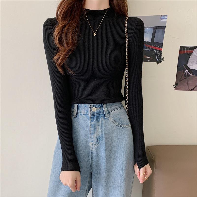 Женские пуловеры с высоким воротником на весну, осень и зиму, свитера, джемпер, рубашка для начинающих, короткий рукав с короткими рукавами, обтягивающий низ, вязаный шикарный однотонный один размер