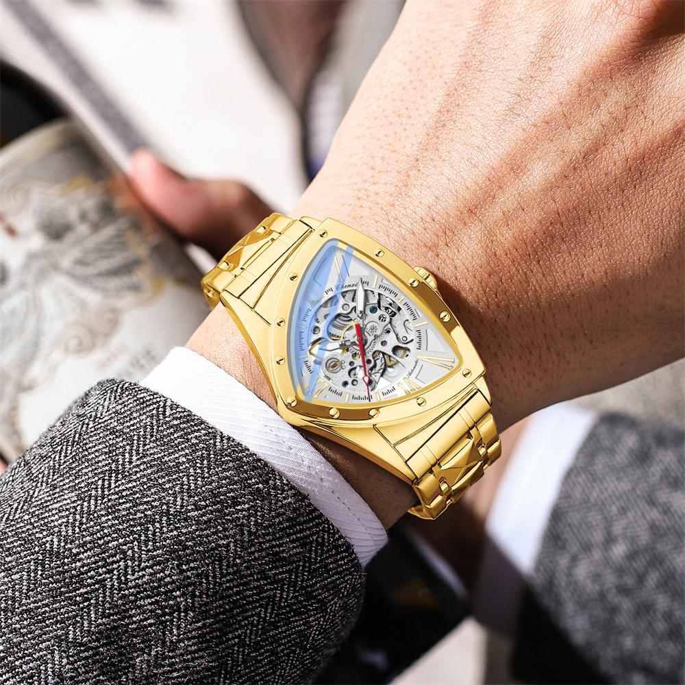 Автоматические мужские часы класса люкс из нержавеющей стали с треугольным циферблатом, механические наручные часы-скелетоны, водонепроницаемые, светящиеся часы