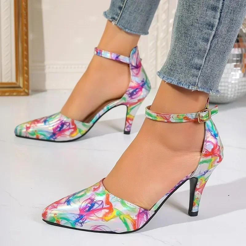 Ladies Shoes Fashion Ankle Strap Women Pumps Spring Pointed Toe Shallow Mixed Colors Buckle Dress Stilettos or Thin Heels Shoes