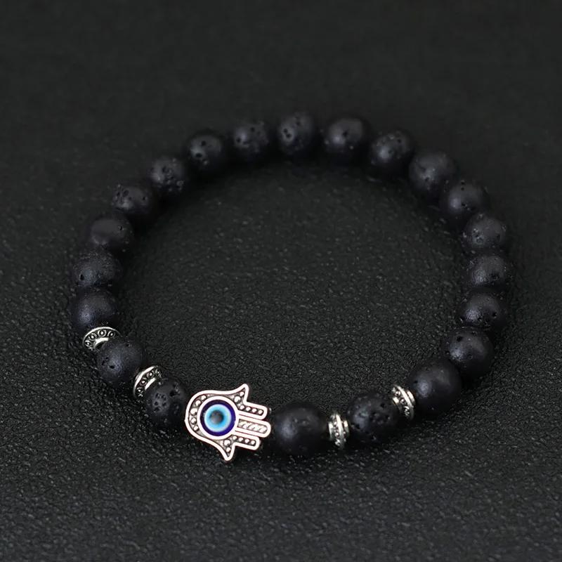 Evil Eyes Bracelet For Men Women Gothic Fatima Hand Braclet 8mm Natural Lava Lapis Lazuli Stone Beaded