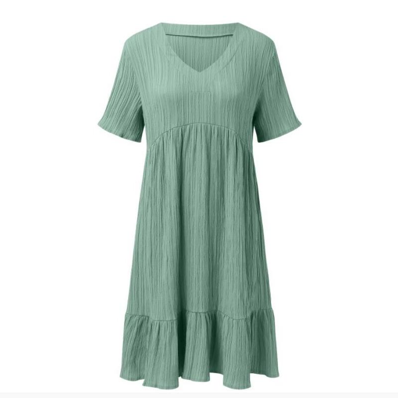 Летние свободные однотонные женские повседневные платья с коротким рукавом, модное винтажное элегантное сексуальное платье с баской, женское свободное платье с оборками на талии 25924