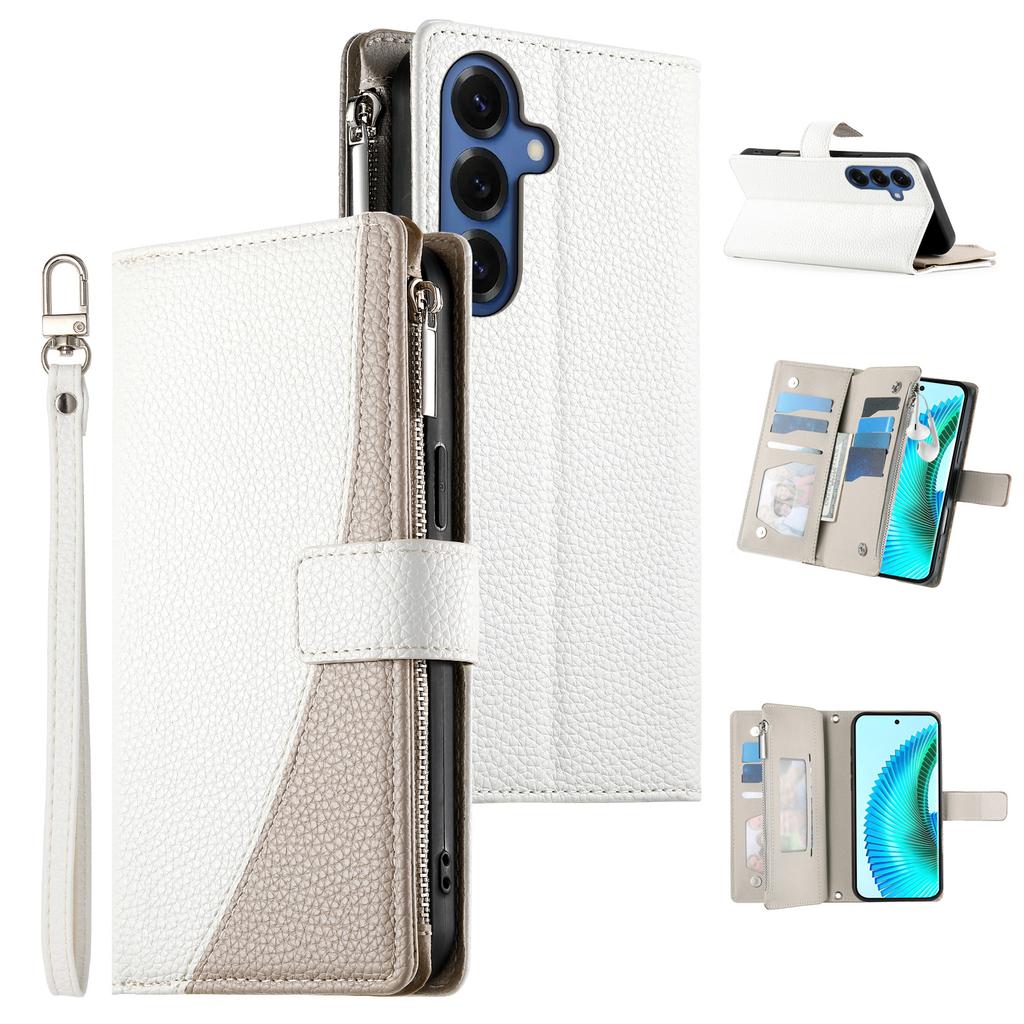 For Samsung Galaxy S26 Case Zipper Wallet Color Splicing Leather Flip Phone Cover with Straps