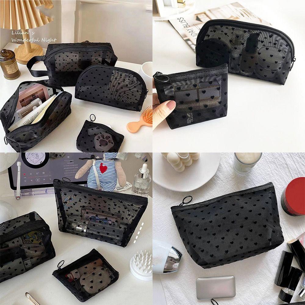 Wave Point Transparent Cosmetic Bag Large Capacity Love Heart Mesh Makeup Bag Cute Travel