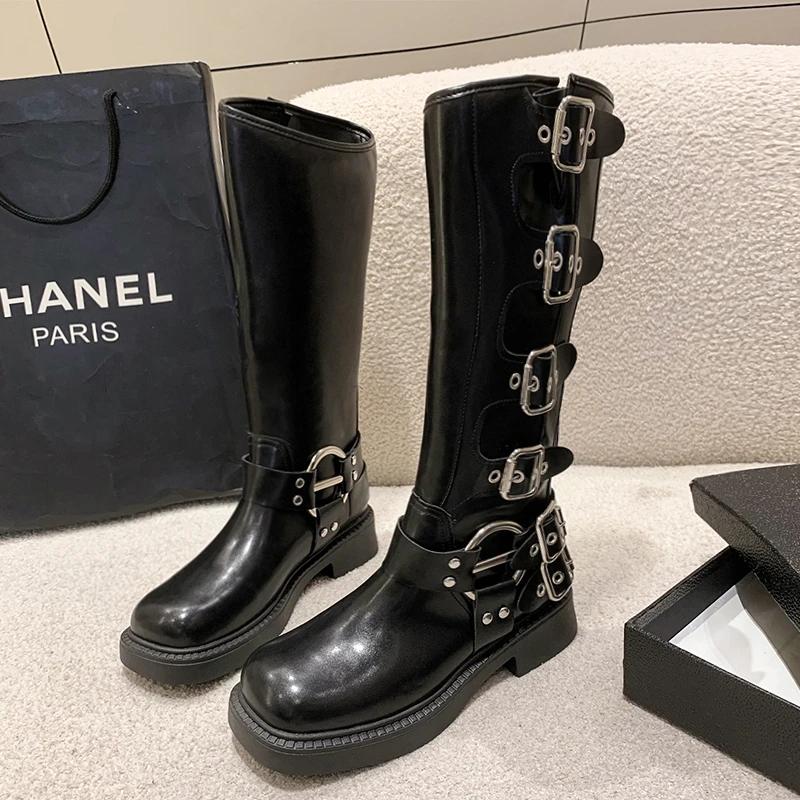 Fashion Women High Knight Boots Fashion Belt Buckle Slip On Long Booties Retro Style Autumn Winter Female Elegant Low Heel Shoes