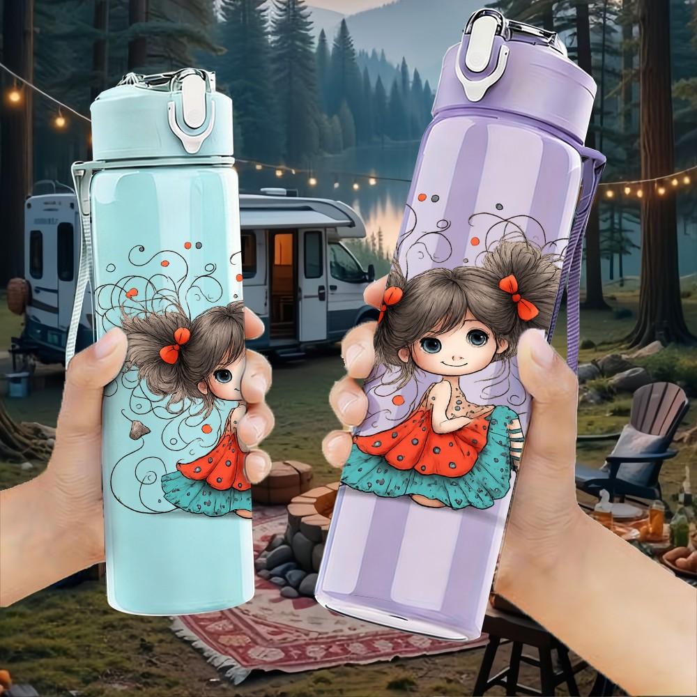 1PC Curly Hair Little Girl Art 750ml Color Plastic Sports Water Bottle Leakproof Flip Straw Lid Suitable for Sports Office Home Use
