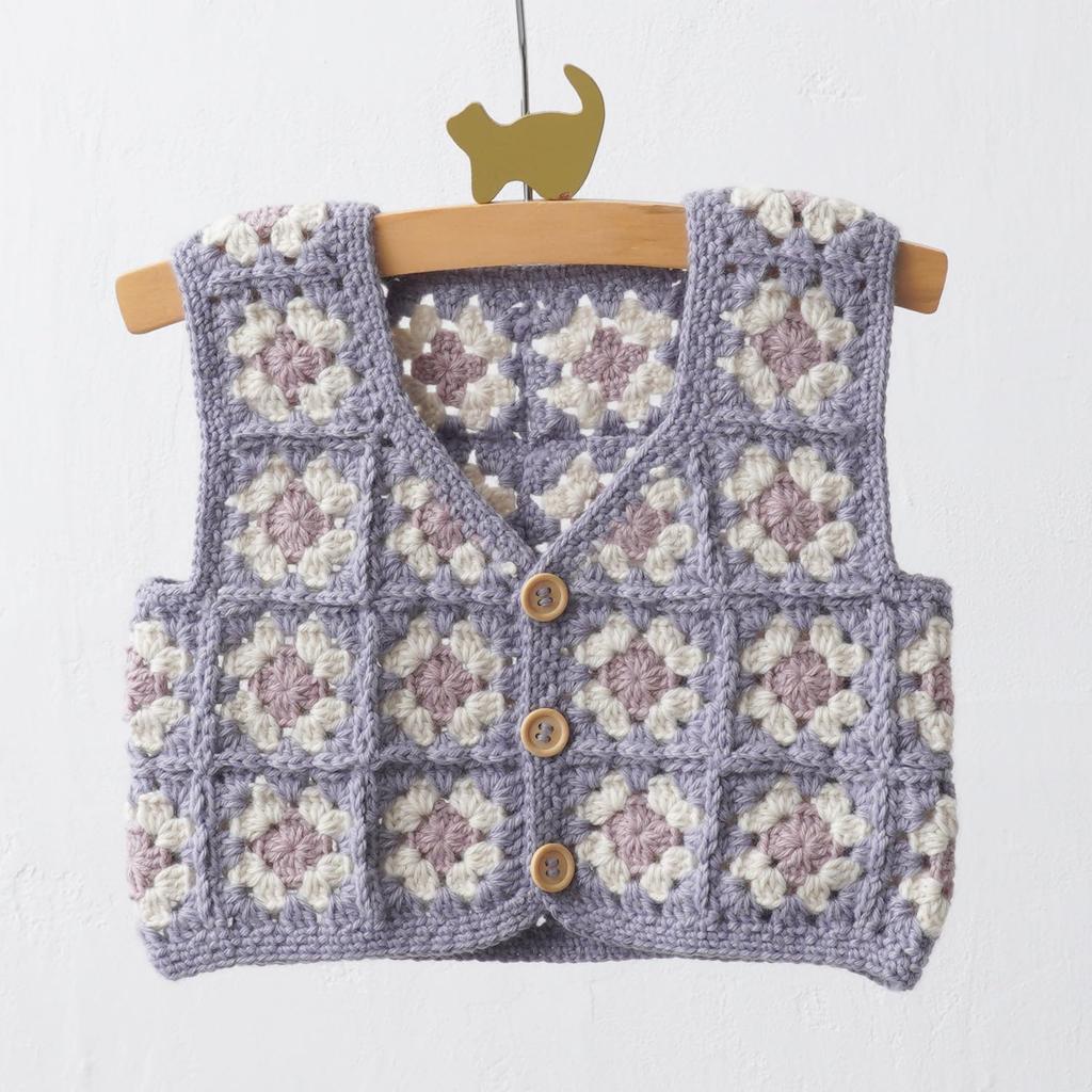 Raw Wool Knitting Kit Motif Connected Baby Vest #4-6B V-Neck (Gray)