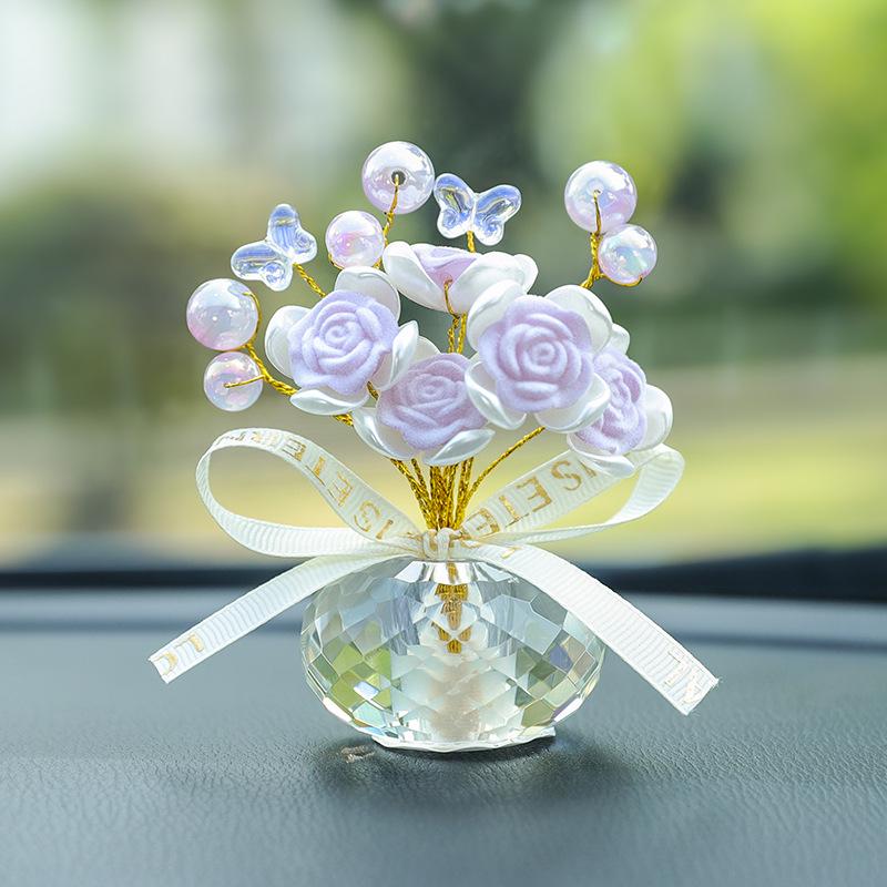 Crystal Rose Flower Car Ornament with Creative Potted Plant Decoration for Car Interior