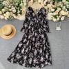 Spring Autumn Flared Sleeve High Waist V-neck Dresses Vintage Print Long Dress Sexy Backless Lace-up Dress Women 2023 25982