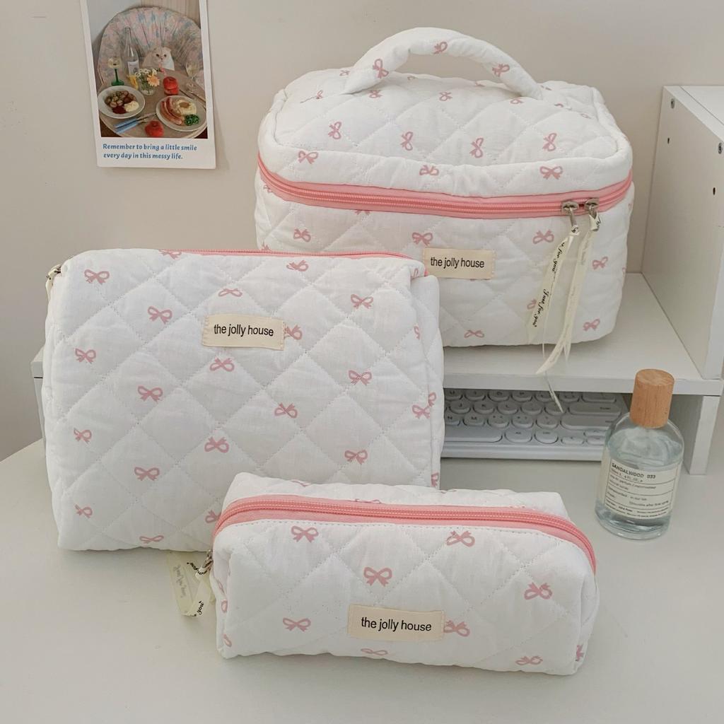 Fashion Cherry Tote Women Makeup Bag Portable Cute Ladies Cosmetic Toiletry Storage Pouch Handbag Cotton Quilted Zipper Bag