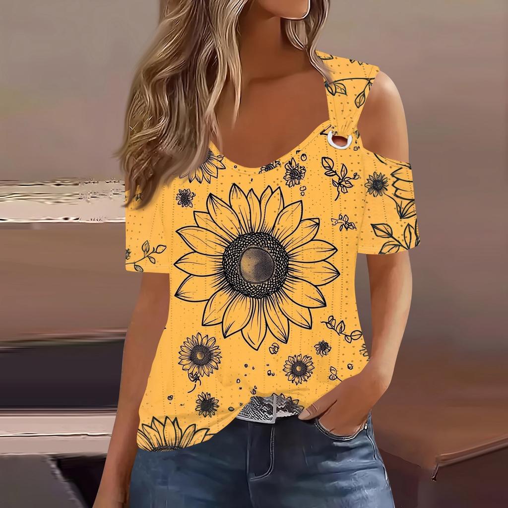 Sexy Cold Sholuder Tops For Women Summer Hollow Out Eyelet Short Sleeve Blouse Loose V Neck Tshirt Trendy Casual Tunics