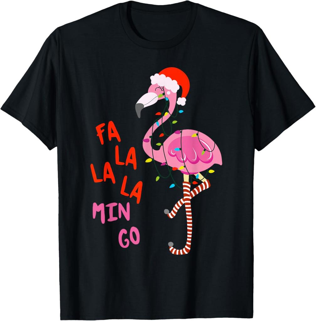 Fa La La Mingo Flamingo Christmas Lights Graphic Tee Soft Cotton Round Neck Casual T-Shirt