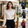 Button Front Business Casual Shirt Women Satin Blouse, Skew Collar Long Sleeve Shirt, Smooth Office Breathable Polyester Tops with Down, Commuting for
