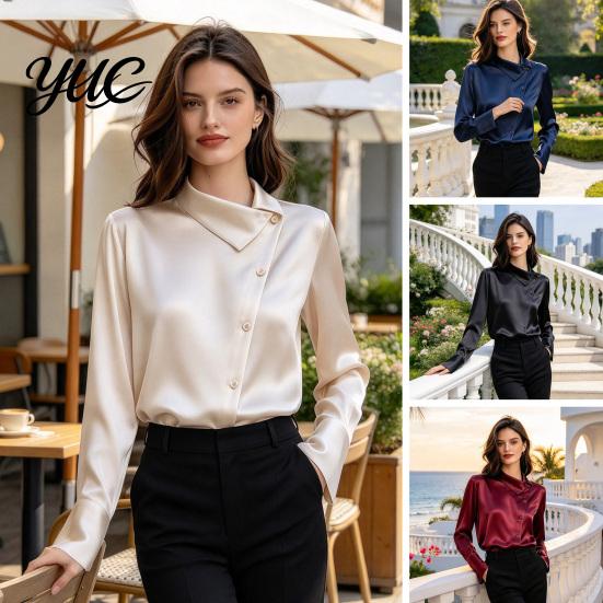 Button Front Business Casual Shirt Women Satin Blouse, Skew Collar Long Sleeve Shirt, Smooth Office Breathable Polyester Tops with Down, Commuting for