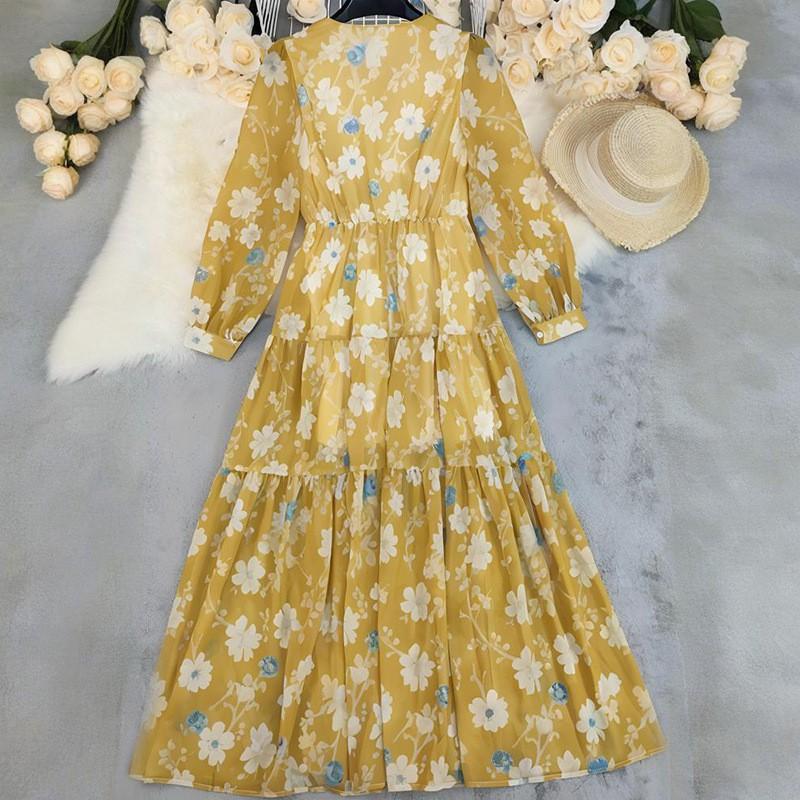 Womens Floral V-Neck High Waist Maxi Chiffon Dress Long Sleeve Loose Fit Daily Wear