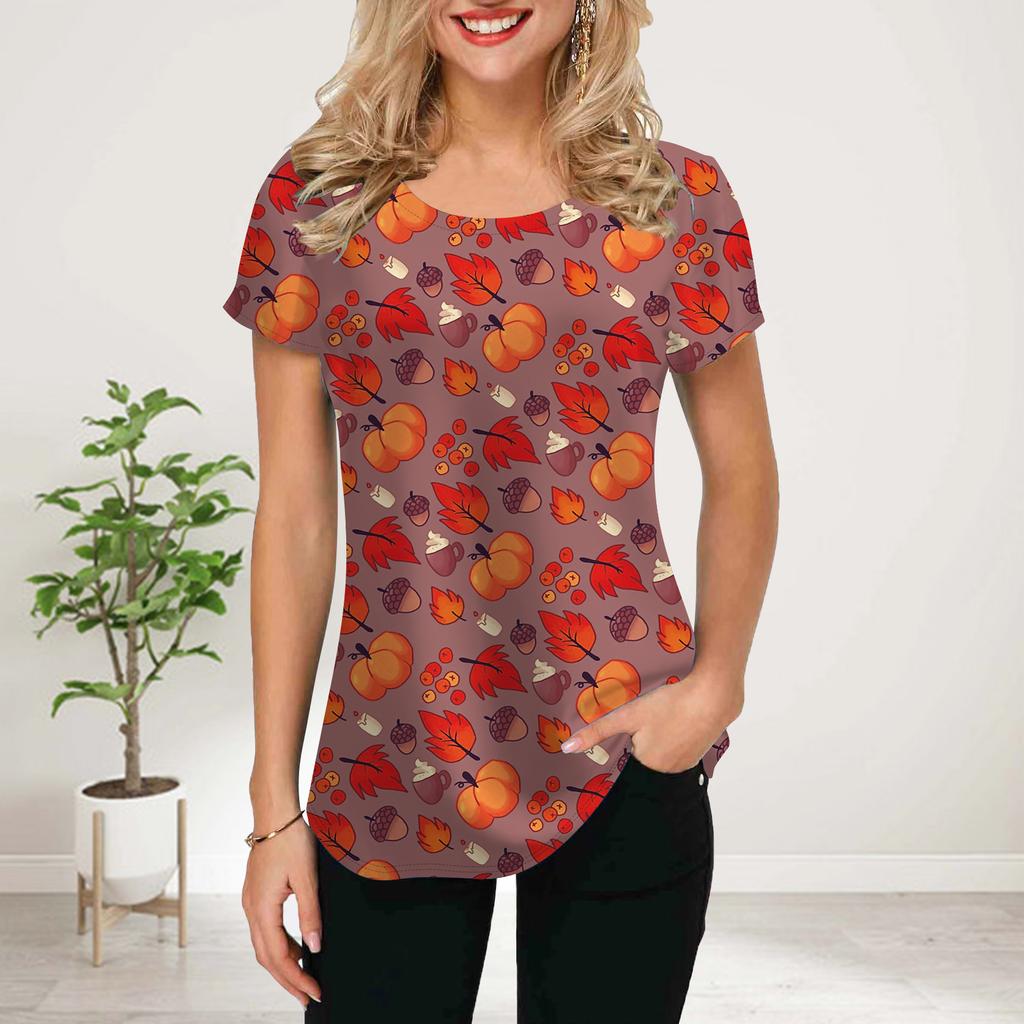 Women Summer T Shirt Purple Rose Print Short Sleeve Tees Casual Printed Tops