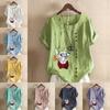 Women's Fashion Round Neck Short Sleeve T-shirt Casual Cotton Linen Graphic Shirt Leisure Loose Cute Glassy Dog Prined Summer Blouse Tops Plus Size