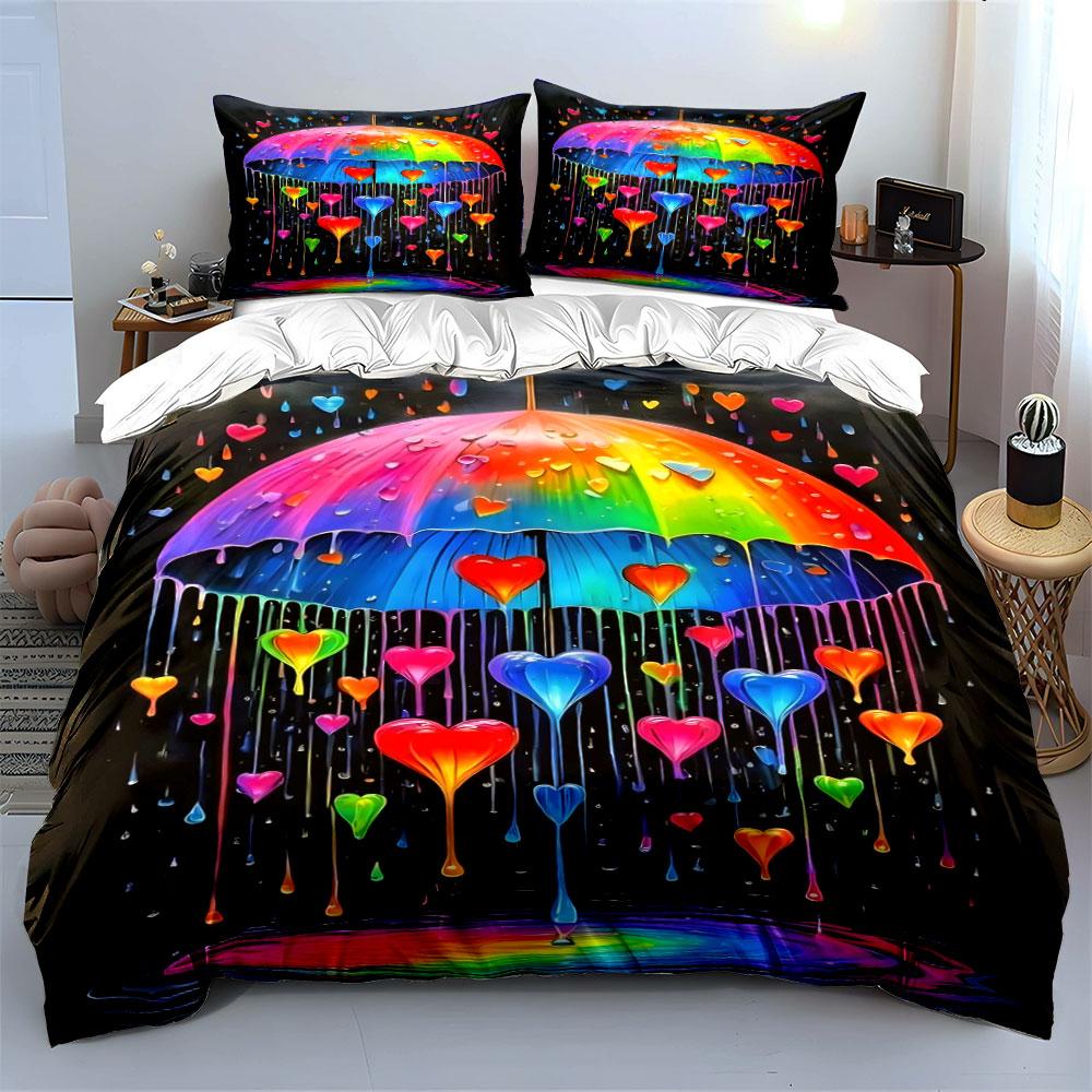 Colorful umbrella, dripping hearts. Bedding sets Duvet cover sets Duvet covers Pillowcases(1*Duvet Cover 2*Pillowcases without duvet insert)