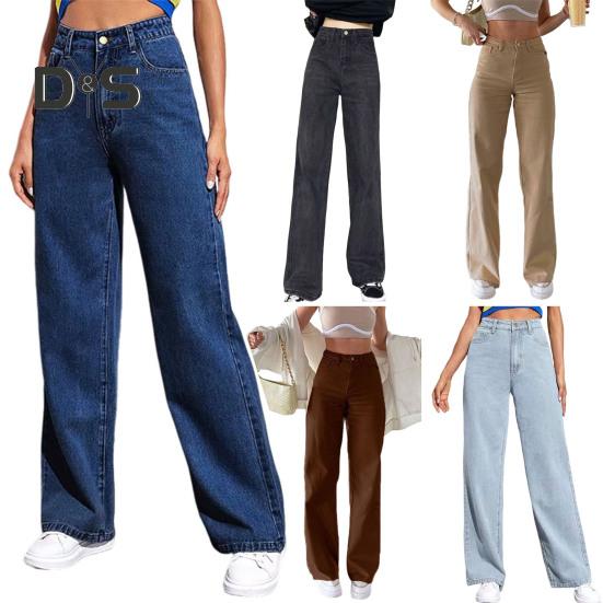 Женские джинсы с карманами, застежка-молния на пуговицу с высокой талией, прямые брюки, однотонные, в винтажном американском стиле, джинсовые брюки для повседневной носки, Scool