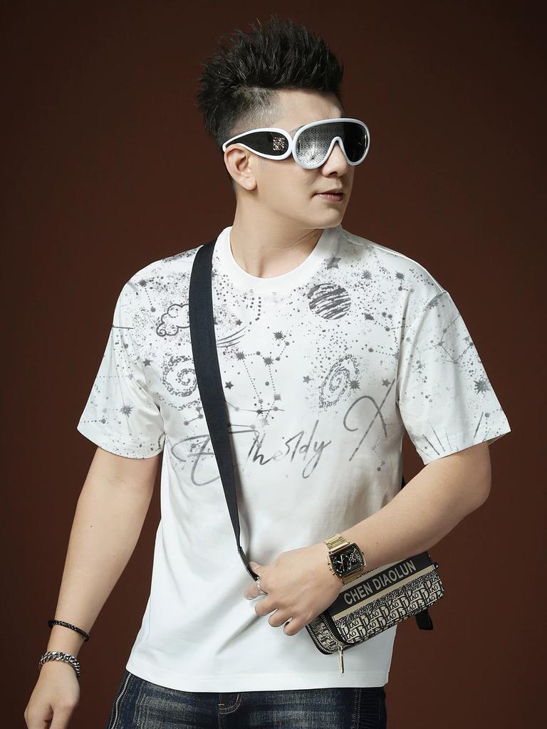 European-Style Round Neck T-Shirt 2025 New Men's Short-Sleeve Summer Printed Letter Trendy Brand Loose Half-Sleeve T-Shirt Men's Clothing