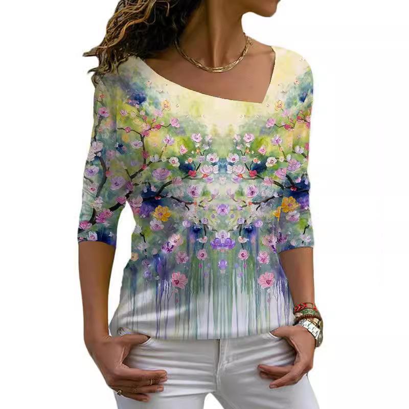 Футболки с косым воротником, длинный рукав, цифровая модная принтованная косая горловина, женская повседневная футболка для женщин