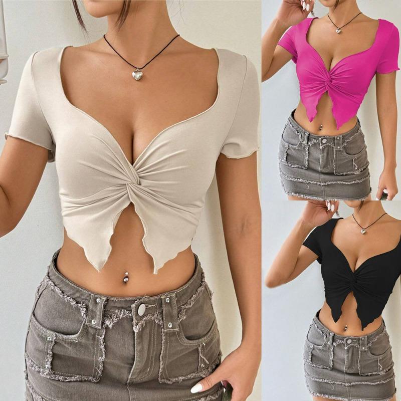 Новый дизайн Sense Chest Twist Плиссированный глубокий V-образный короткий топ
