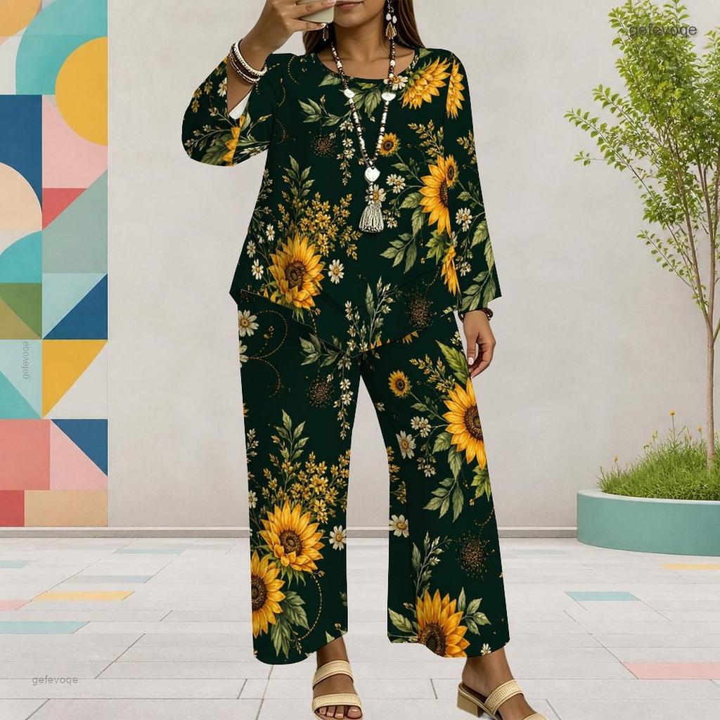 Women Plus Size Two Piece Pants Set Round Neck Long Sleeve Printed Dark Blue Layered Top Wide Leg Pants
