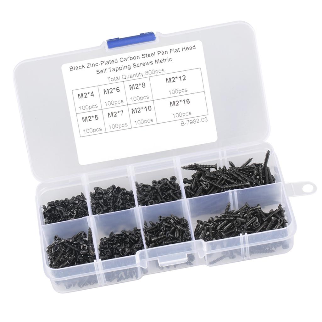 Набор из 800 шт. саморезов M2 из черной углеродистой стали с потайной головкой и крестообразным шлицем