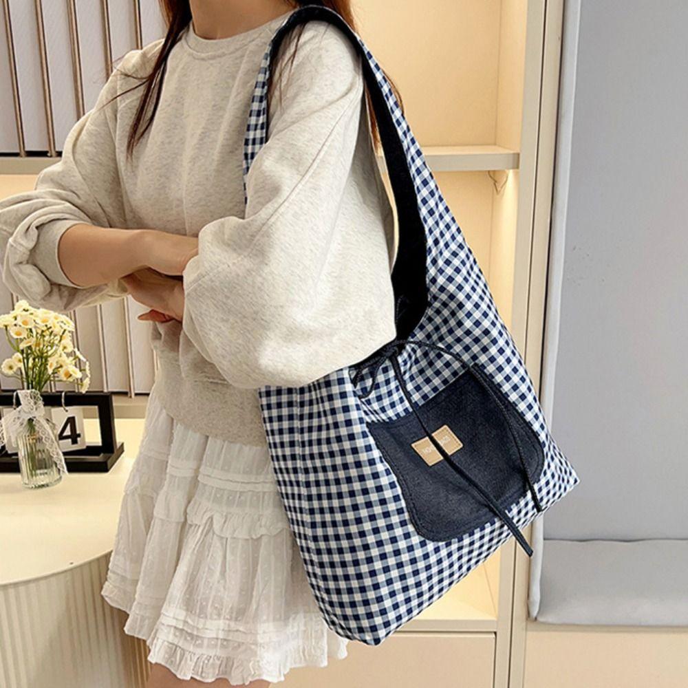 Japanese Style Denim Shoulder Bag Lattice Canvas Tote Bag Double Sided Plaid Denim Vest Bag  Travel